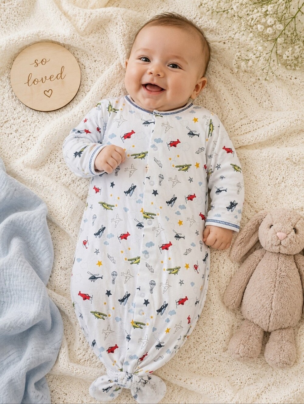 Kissy Kissy Airplane Print Pima Cotton Converter Gown | 3M | Luxury Baby Boy Sle